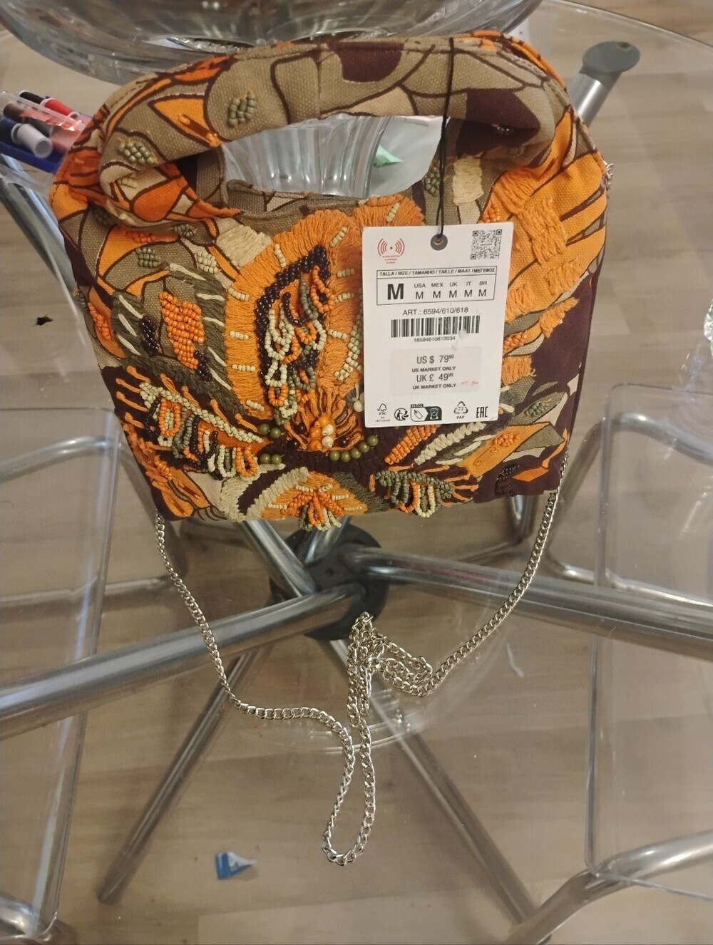 Zara Orange Brown Beaded Floral Mini Shoulder Bag